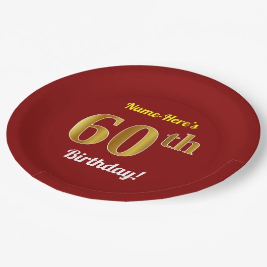 赤、フェイク金ゴールド60番目の誕生日+名前をカスタムする ペーパープレート (アングル)