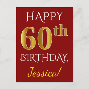赤、フェイク金ゴールド60番目の誕生日+名前をカスタムする ポストカード