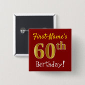 赤、フェイク金ゴールド60番目の誕生日、名前をカスタムする 缶バッジ (正面&裏面)