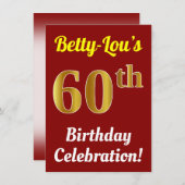 赤、フェイク金ゴールド60番目の誕生祝い+名前 招待状 (正面/裏面)