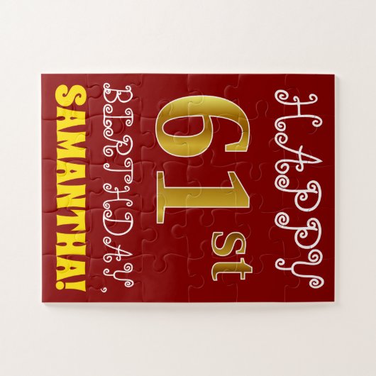 赤、フェイク金ゴールド61番目の誕生日+名前をカスタムするパズル ジグソーパズル (横)