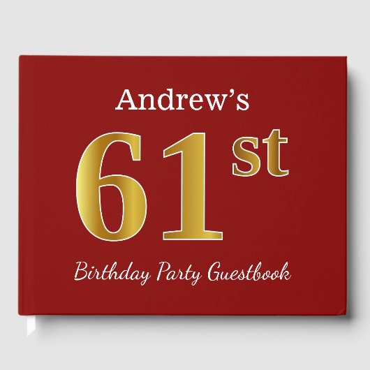 赤、フェイク金ゴールド61st誕生日パーティー+名前をカスタムする ゲストブック (正面)