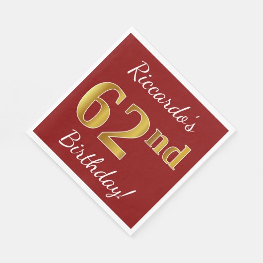 赤、フェイク金ゴールド62番目の誕生日+名前をカスタムする スタンダードランチョンナプキン (角)