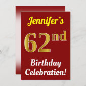 赤、フェイク金ゴールド62番目の誕生祝い+名前 招待状 (正面/裏面)