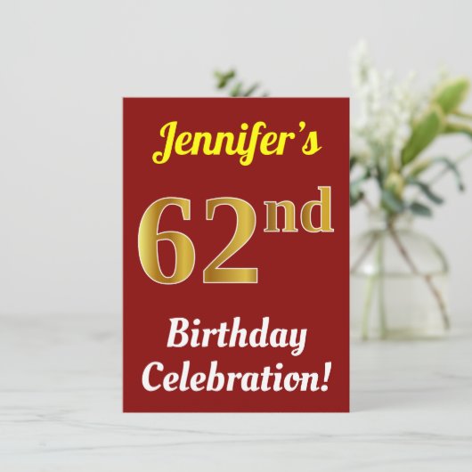 赤、フェイク金ゴールド62番目の誕生祝い+名前 招待状 (スタンド正面)