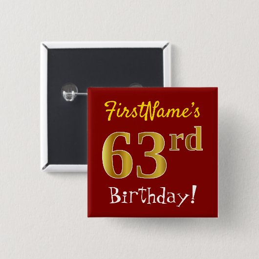 赤、フェイク金ゴールド63番目の誕生日、名前をカスタムする付き 缶バッジ (正面&裏面)