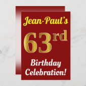 赤、フェイク金ゴールド63番目の誕生祝い+名前 招待状 (正面/裏面)