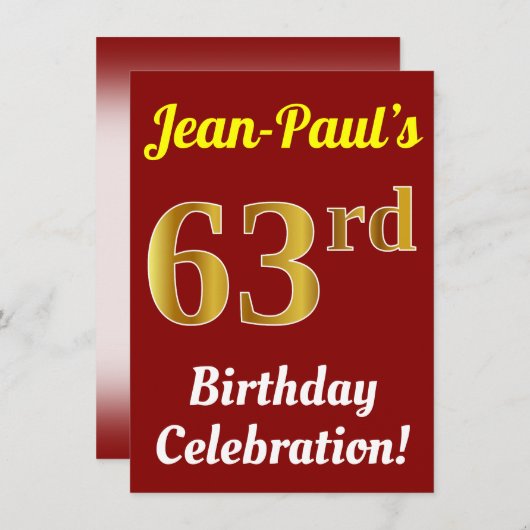赤、フェイク金ゴールド63番目の誕生祝い+名前 招待状 (正面/裏面)