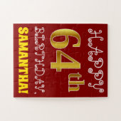 赤、フェイク金ゴールド64番目の誕生日+名前をカスタムするパズル ジグソーパズル (横)