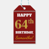 赤、フェイク金ゴールド64番目の誕生日+名前をカスタムする ギフトタグ (正面)