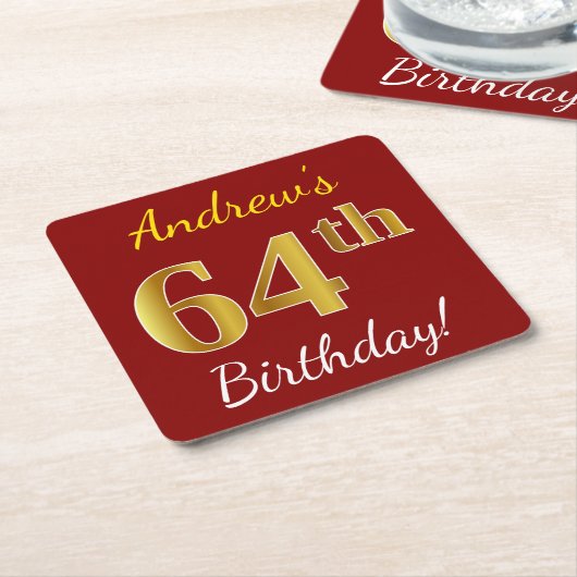 赤、フェイク金ゴールド64番目の誕生日+名前をカスタムする スクエアペーパーコースター (アングル)