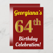赤、フェイク金ゴールド64番目の誕生祝い+名前 招待状 (正面/裏面)