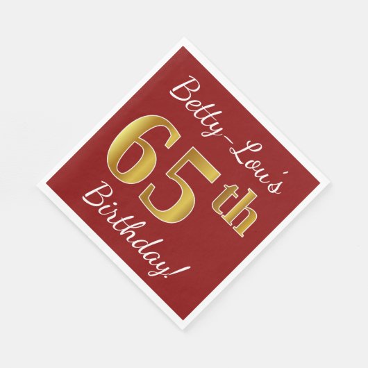 赤、フェイク金ゴールド65番目の誕生日+名前をカスタムする スタンダードランチョンナプキン (角)