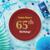 赤、フェイク金ゴールド65番目の誕生日+名前をカスタムする ペーパープレート (パーティー)