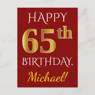 赤、フェイク金ゴールド65番目の誕生日+名前をカスタムする ポストカード
