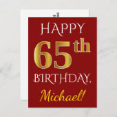 赤、フェイク金ゴールド65番目の誕生日+名前をカスタムする ポストカード (正面/裏面)