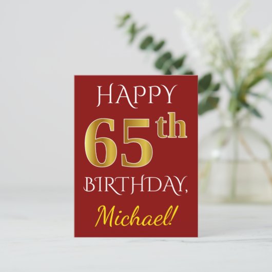 赤、フェイク金ゴールド65番目の誕生日+名前をカスタムする ポストカード (スタンド正面)