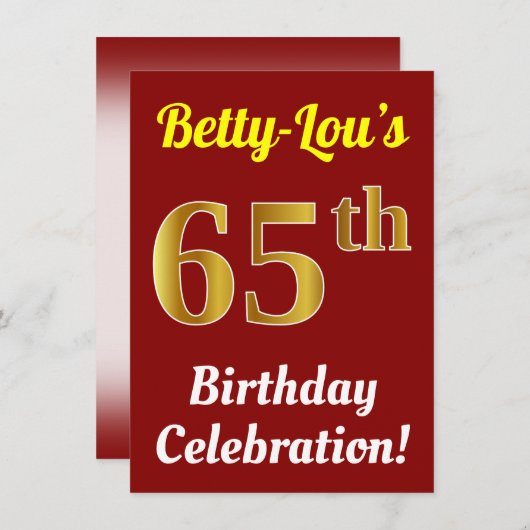 赤、フェイク金ゴールド65番目の誕生祝い+名前 招待状 (正面/裏面)
