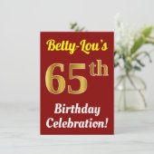 赤、フェイク金ゴールド65番目の誕生祝い+名前 招待状 (スタンド正面)