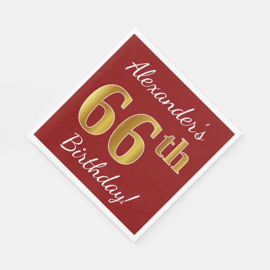 赤、フェイク金ゴールド66番目の誕生日+名前をカスタムする スタンダードランチョンナプキン (角)