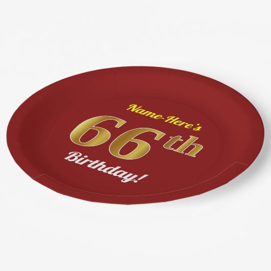 赤、フェイク金ゴールド66番目の誕生日+名前をカスタムする ペーパープレート (アングル)