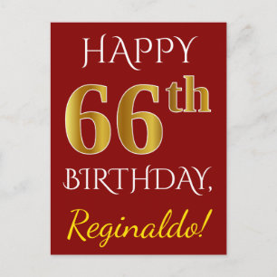 赤、フェイク金ゴールド66番目の誕生日+名前をカスタムする ポストカード