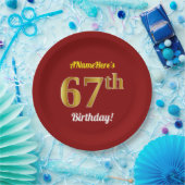 赤、フェイク金ゴールド67番目の誕生日+名前をカスタムする ペーパープレート (パーティー)