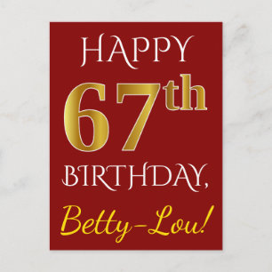 赤、フェイク金ゴールド67番目の誕生日+名前をカスタムする ポストカード