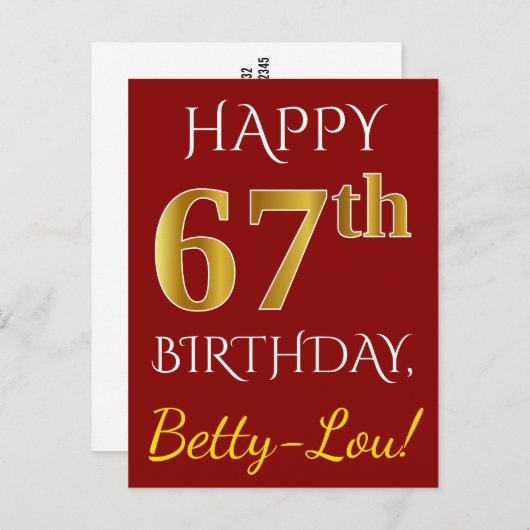 赤、フェイク金ゴールド67番目の誕生日+名前をカスタムする ポストカード (正面/裏面)