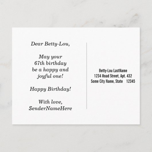 赤、フェイク金ゴールド67番目の誕生日+名前をカスタムする ポストカード (裏面)