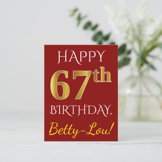赤、フェイク金ゴールド67番目の誕生日+名前をカスタムする ポストカード (スタンド正面)