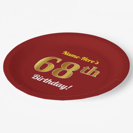 赤、フェイク金ゴールド68番目の誕生日+名前をカスタムする ペーパープレート (アングル)