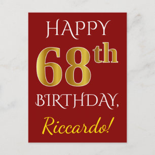赤、フェイク金ゴールド68番目の誕生日+名前をカスタムする ポストカード