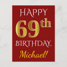 赤、フェイク金ゴールド69誕生日+名前をカスタムする ポストカード