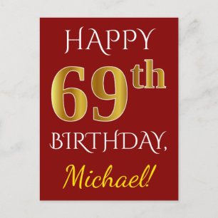 赤、フェイク金ゴールド69誕生日+名前をカスタムする ポストカード