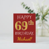 赤、フェイク金ゴールド69誕生日+名前をカスタムする ポストカード (スタンド正面)