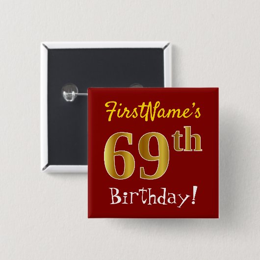 赤、フェイク金ゴールド69th誕生日、名前をカスタムする付き 缶バッジ (正面&裏面)