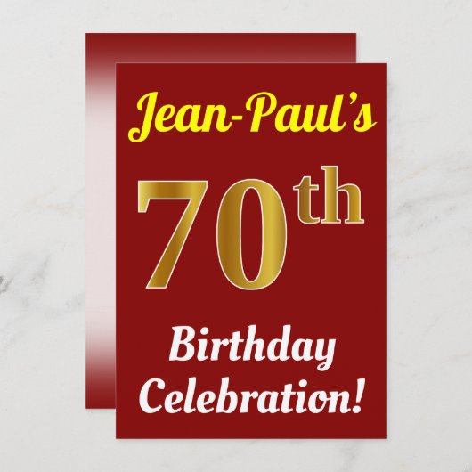 赤、フェイク金ゴールド70番目の誕生祝い+名前 招待状 (正面/裏面)
