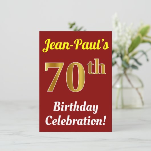 赤、フェイク金ゴールド70番目の誕生祝い+名前 招待状 (スタンド正面)