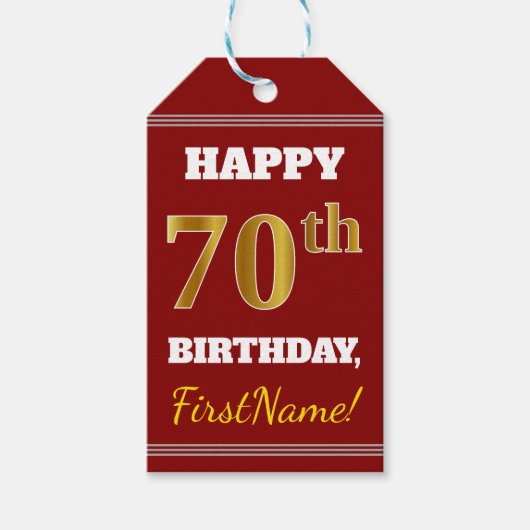 赤、フェイク金ゴールド70誕生日+名前をカスタムする ギフトタグ (正面)