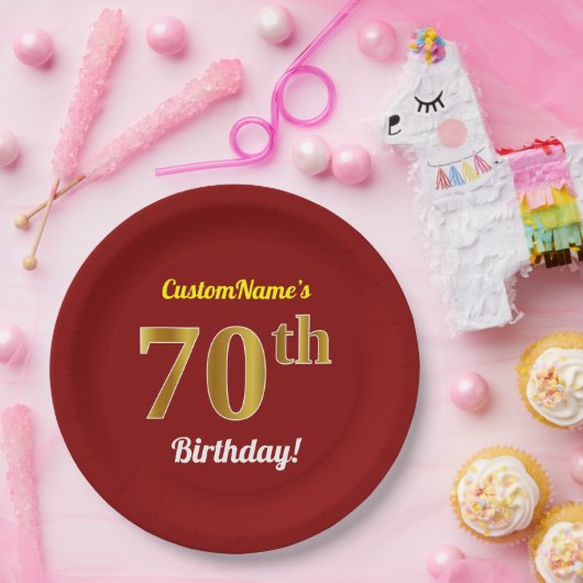 赤、フェイク金ゴールド70誕生日+名前をカスタムする ペーパープレート (パーティー)