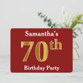 赤、フェイク金ゴールド70th誕生日パーティー+名前をカスタムする 招待状 (スタンド正面)