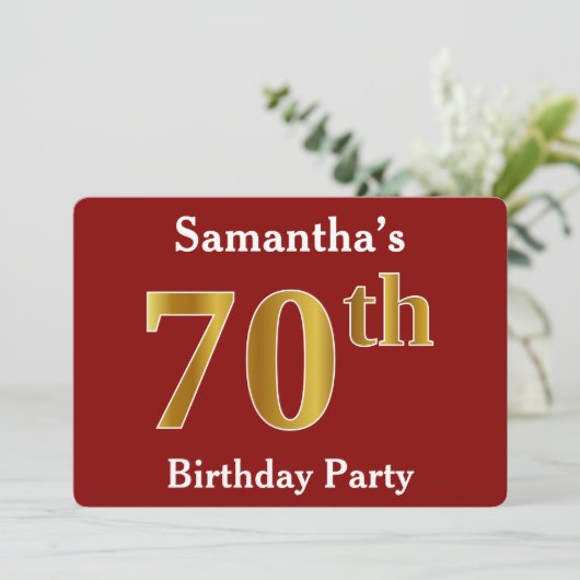 赤、フェイク金ゴールド70th誕生日パーティー+名前をカスタムする 招待状 (スタンド正面)