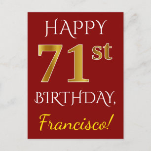 赤、フェイク金ゴールド71番目の誕生日+名前をカスタムする ポストカード
