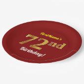 赤、フェイク金ゴールド72番目の誕生日+名前をカスタムする ペーパープレート (アングル)