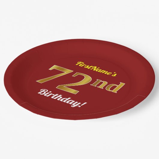 赤、フェイク金ゴールド72番目の誕生日+名前をカスタムする ペーパープレート (アングル)