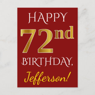 赤、フェイク金ゴールド72番目の誕生日+名前をカスタムする ポストカード