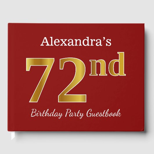 赤、フェイク金ゴールド72nd誕生日パーティー+名前をカスタムする ゲストブック (正面)