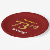 赤、フェイク金ゴールド73番目の誕生日+名前をカスタムする ペーパープレート (アングル)