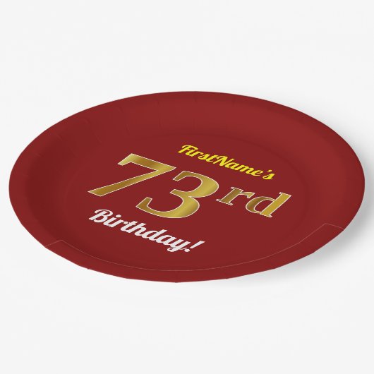 赤、フェイク金ゴールド73番目の誕生日+名前をカスタムする ペーパープレート (アングル)